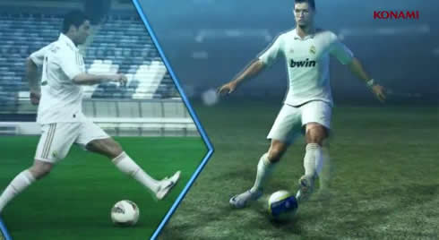 Cristiano Ronaldo doing stepovers in PES 2013, gameplay screenshot, with real footage