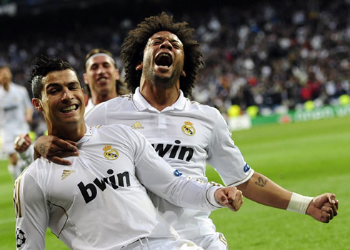 Cristiano Ronaldo and Marcelo joy celebrating Real Madrid goal against Bayern Munich, in 2012