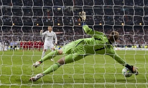 Cristiano Ronaldo missing a penalty kick against Manuel Neuer, in Real Madrid vs Bayern Munich penalty shootout, for the UEFA Champions League in 2012