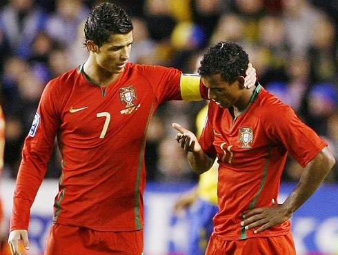 Cristiano Ronaldo comforting Luis Nani, in the Portuguese National Team