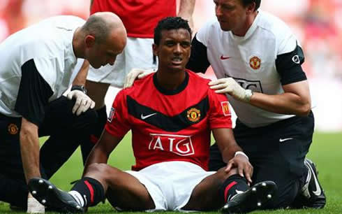 Manchester United soccer player, Luis Nani, crying during a game