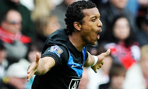 Nani doing a strange face with his mouth half open, in Manchester United goal celebration, in 2012