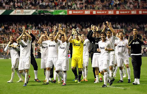 Real Madrid players thanking the fans in the San Mamés crowd for supporting the team after winning La Liga in 2012