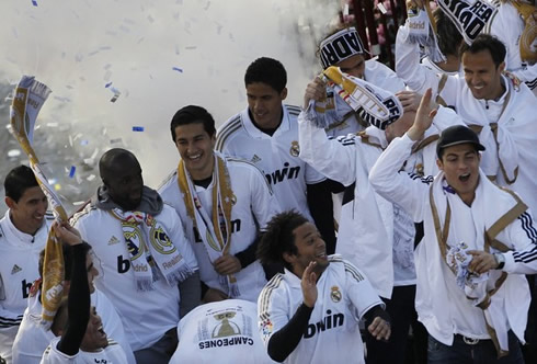 Real Madrid players in extasy, celebrating La Liga in the Cibeles, in 2012