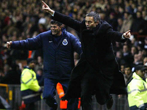 José Mourinho run and celebrations after F.C. Porto goal against Manchester United, in Old Trafford for the UEFA Champions League quarter-finals, in 2004
