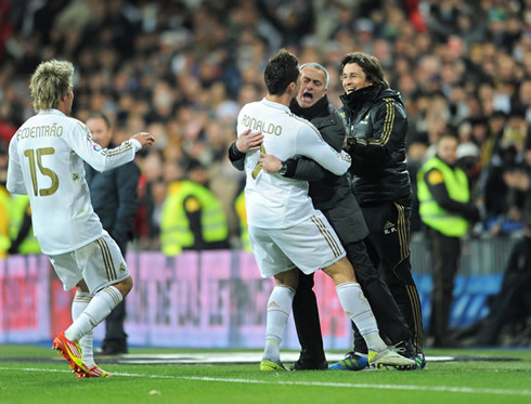 José Mourinho hugging Cristiano Ronaldo, after a Real Madrid goal in La Liga 2012