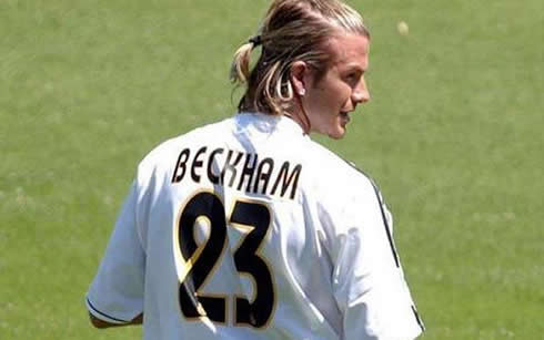 David Beckham, in Real Madrid wearing the number 23 jersey and with a pony hairstyle
