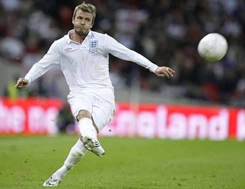 David Beckham taking a tradermark Bend it Like Beckham curled free-kick, for England
