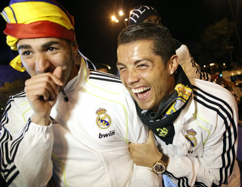 Karim Benzema goofing and playing around with Cristiano Ronaldo, at Real Madrid Copa del Rey celebrations in 2011
