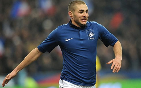 Karim Benzema playing with the new France all-blue jersey, shirt and uniform