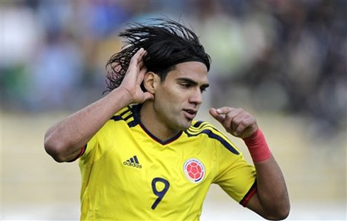 Radamel Falcao during a game for the Colombian National Team, asking the crowd to be more louder