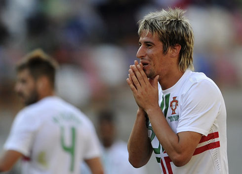 Fábio Coentrão wearing the new white Portuguese National Team jersey and kit, for the EURO 2012