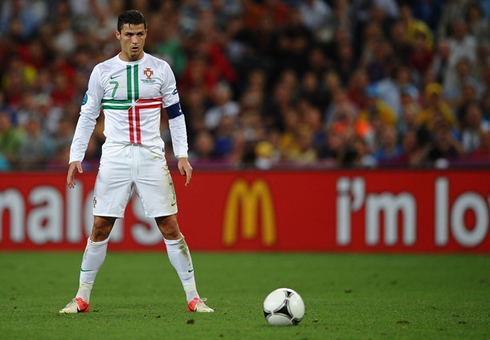 Cristiano Ronaldo preparing to take a free-kick in Portugal vs Spain, at the EURO 2012