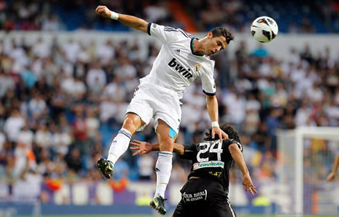 Cristiano Ronaldo powerful jump to head the ball, in Real Madrid's attack, in the Spanish League 2012-2013