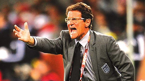 Fabio Capello in action during a game for England, sending out instructions to the football field