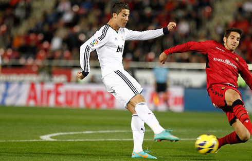 Cristiano Ronaldo scoring a goal from a powerful right-foot strike, in Mallorca 0-5 Real Madrid