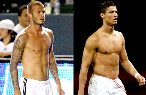 Cristiano Ronaldo and David Beckham shirtless and in shape, showing bodies with low fat levels