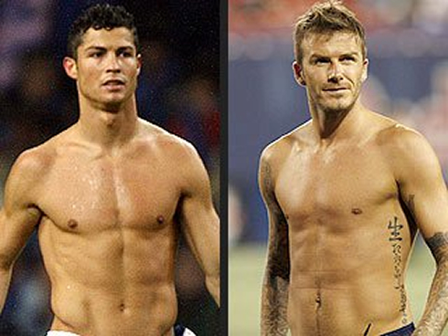 Cristiano Ronaldo and David Beckham shirtless, showing abs and ripped bodies