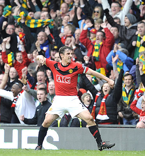 Gary Neville invigorating goal celebration at Old Trafford, after a Manchester United victory
