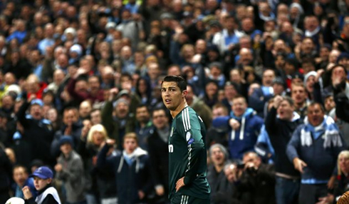 Cristiano Ronaldo returning to England and Manchester, with an hostile welcoming from City fans, as he plays for Real Madrid in the UEFA Champions League in 2012-2013