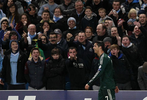Cristiano Ronaldo trying to ignore the provokations from the Manchester City fans in the crowd, as he plays for Real Madrid in 2012-2013