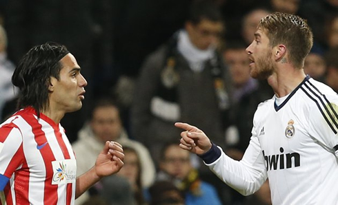 Radamel Falcao and Sergio Ramos arguing and fighting in Real Madrid vs Atletico Madrid, in 2012-2013