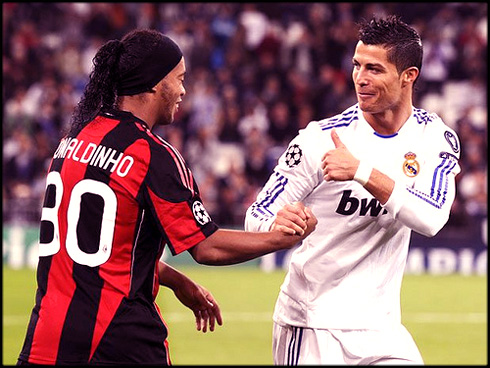 Cristiano Ronaldo greeting Ronaldinho in a Real Madrid vs AC Milan game, in 2010-2011