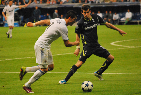Cristiano Ronaldo trying to dribble past Gareth Bale, in Tottenham vs Real Madrid