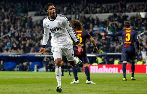 Raphael Varane hapiness after scoring his first goal for Real Madrid against Barcelona, in a Clasico in 2013
