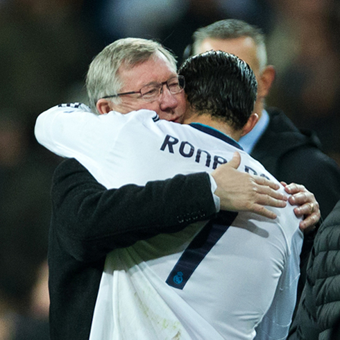 Cristiano Ronaldo fraternal hug to Sir Alex Ferguson, in Real Madrid vs Manchester United, for the UEFA Champions League 2013