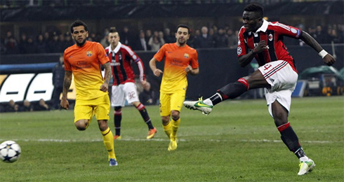 Muntari scoring a goal in AC Milan 2-0 Barcelona, for the Champions League 2013