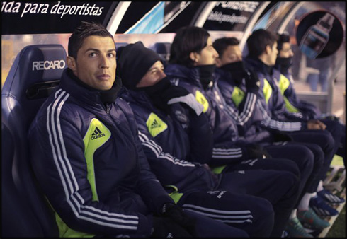 Cristiano Ronaldo in Real Madrid bench, before a league game in 2013