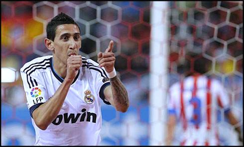 Angel Di María with his thumb in his mouth, celebrating Real Madrid goal in 2013