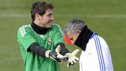 José Mourinho and Iker Casillas joking and having fun during a Real Madrid training session