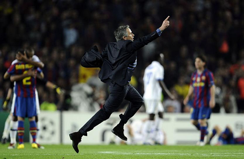 José Mourinho going wild celebrating win against Barcelona, at the Camp Nou