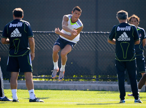 Cristiano Ronaldo jumping during a training in Real Madrid pre-season camp