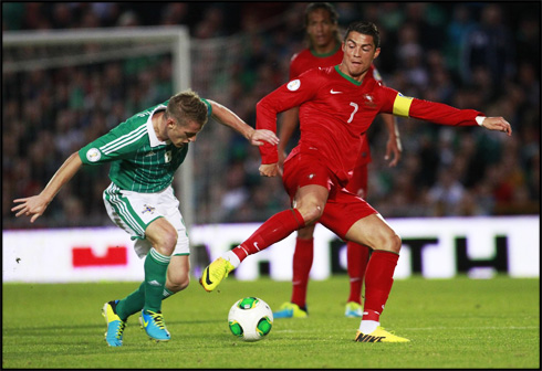 Cristiano Ronaldo nutmeg dribble with his backheel, in Northern Ireland vs Portugal