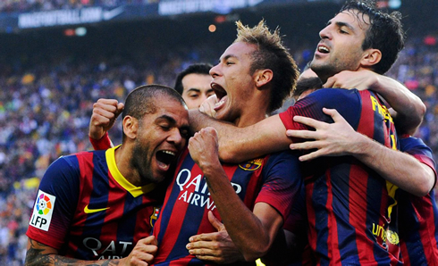 Neymar and his Barcelona teammates, after scoring against Real Madrid
