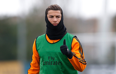 Cristiano Ronaldo at his first training session of 2014, with a ninja look