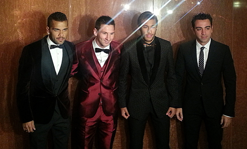 Barcelona players Daniel Alves, Lionel Messi, Neymar and Messi, at the FIFA Ballon d'Or 2013 ceremony