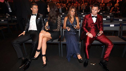 Cristiano Ronaldo and Irina Shayk, next to Antonella Roccuzzo and Lionel Messi, FIFA Ballon d'Or 2013