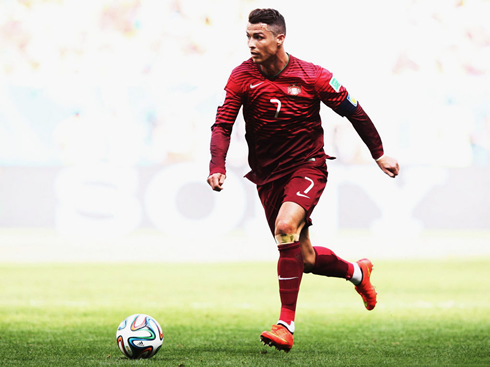 Cristiano Ronaldo running for Portugal, in the FIFA World Cup 2014