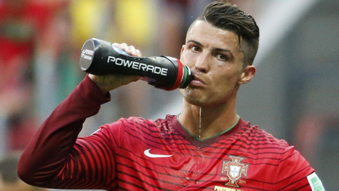 Cristiano Ronaldo drinking Powerade during a World Cup game