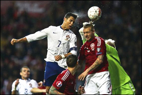 Cristiano Ronaldo late header goal, delivering the win in Denmark 0-1 Portugal, for the EURO 2016 qualifiers