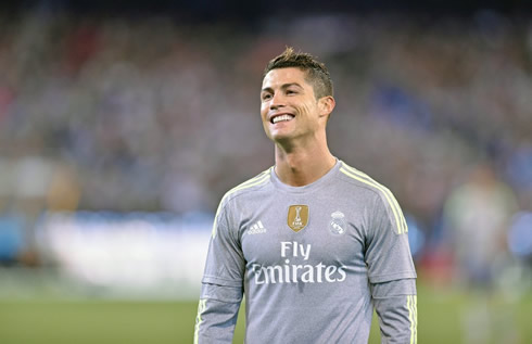 Cristiano Ronaldo smiling in Real Madrid new grey kit