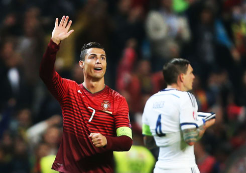 Cristiano Ronaldo saying hi to the fans in the stands