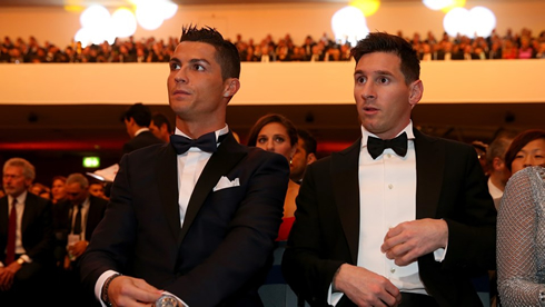 Cristiano Ronaldo seated next to Lionel Messi at the FIFA Ballon d'Or 2015 awards