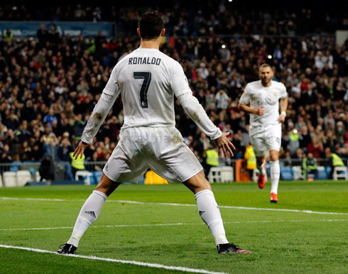 Cristiano Ronaldo landing on his feet after his jump celebration for scoring a goal