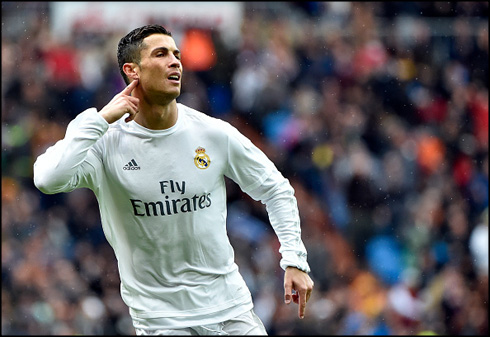 Cristiano Ronaldo teasing Madrid fans by pointing to his own ear