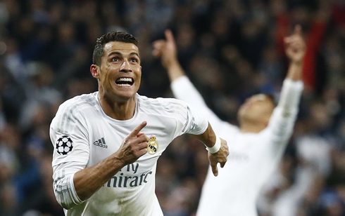 Cristiano Ronaldo running to celebrate Real Madrid goal against Wolfsburg in 2016